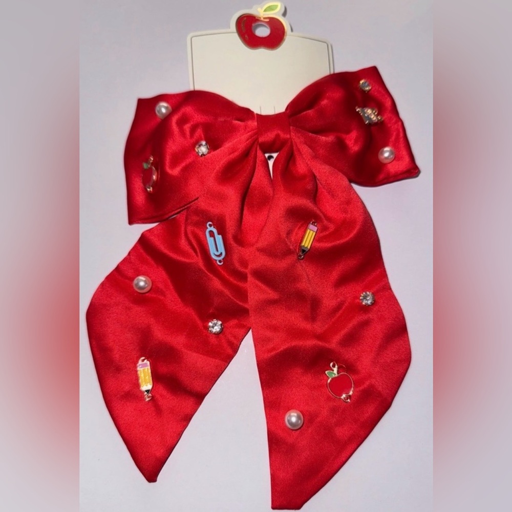 Red Satin School Bow with Embellishments #40